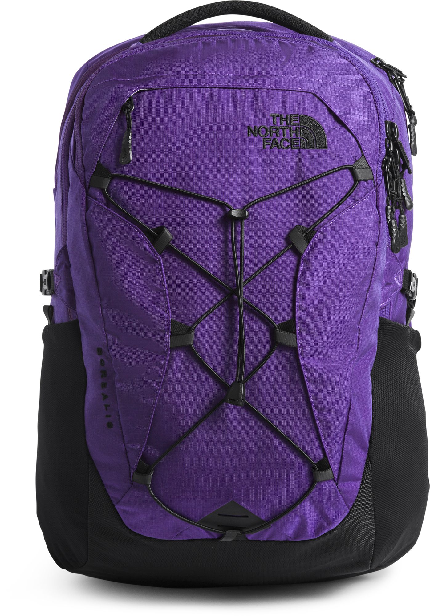 purple and teal north face backpack