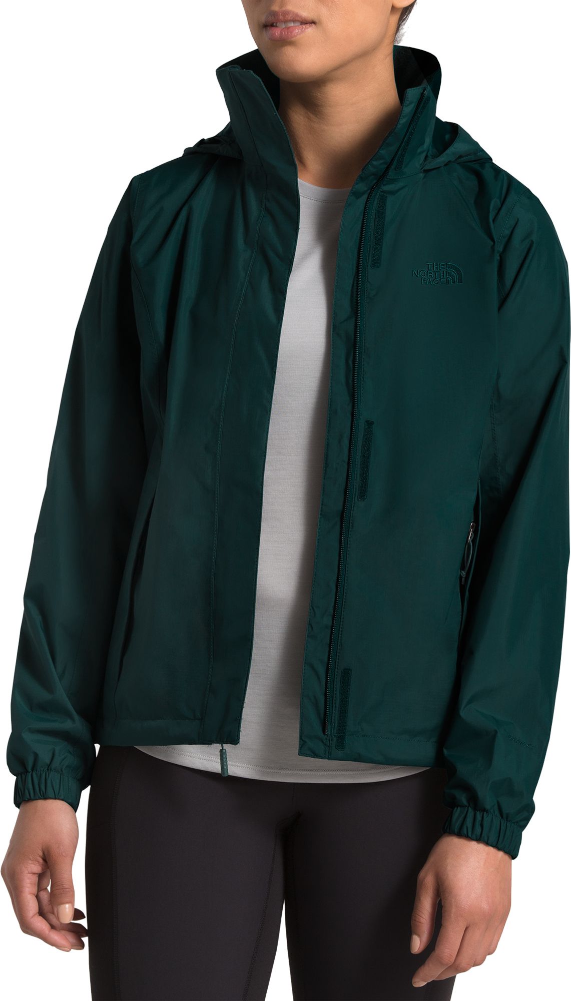 green and grey north face jacket