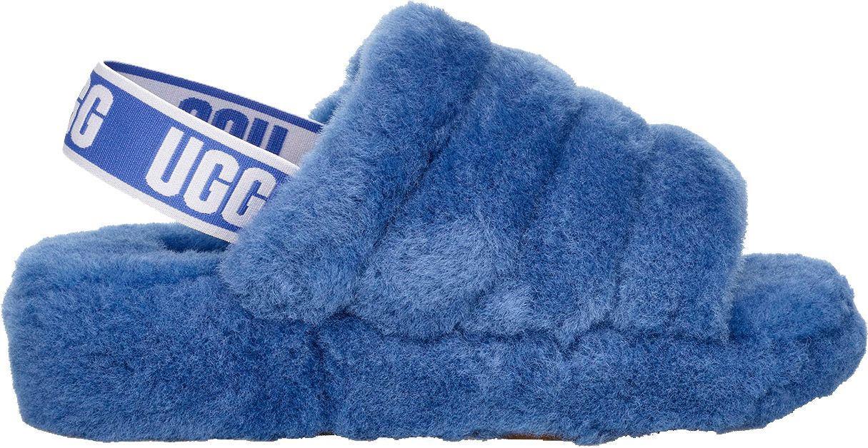 blue fluffy ugg slides