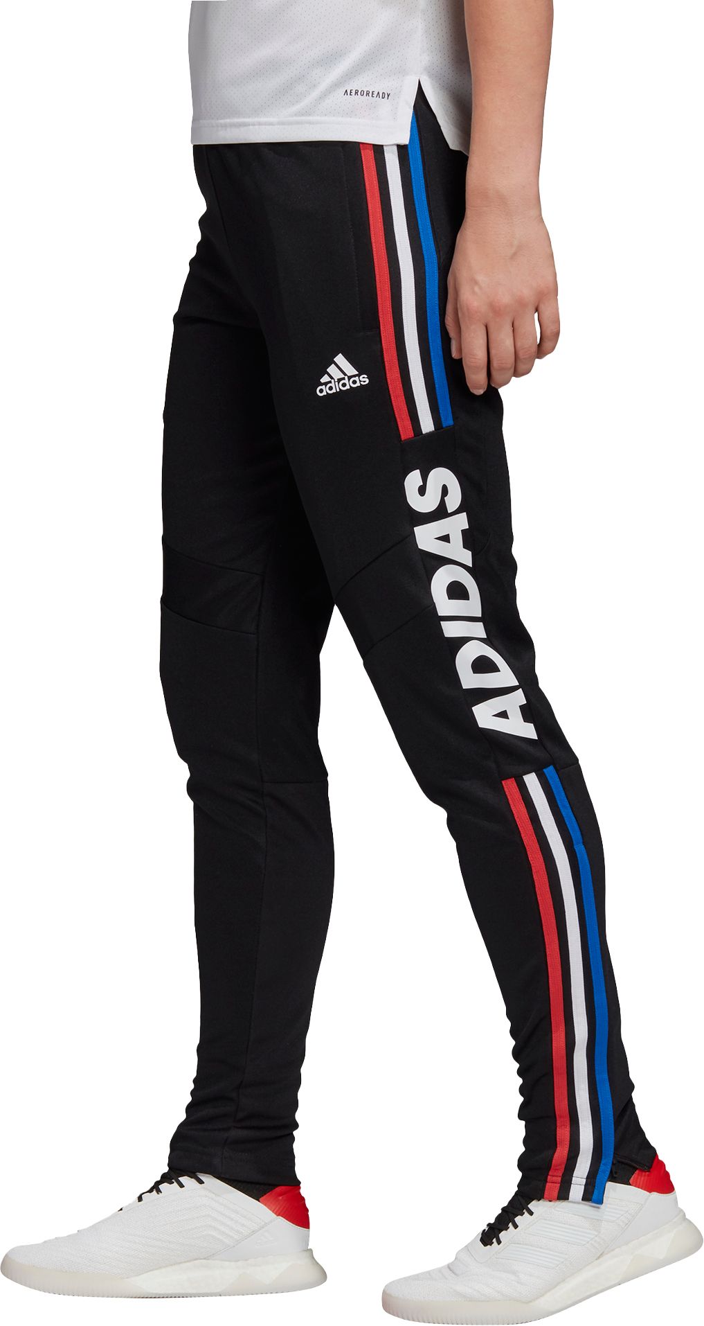 red white and blue adidas track pants