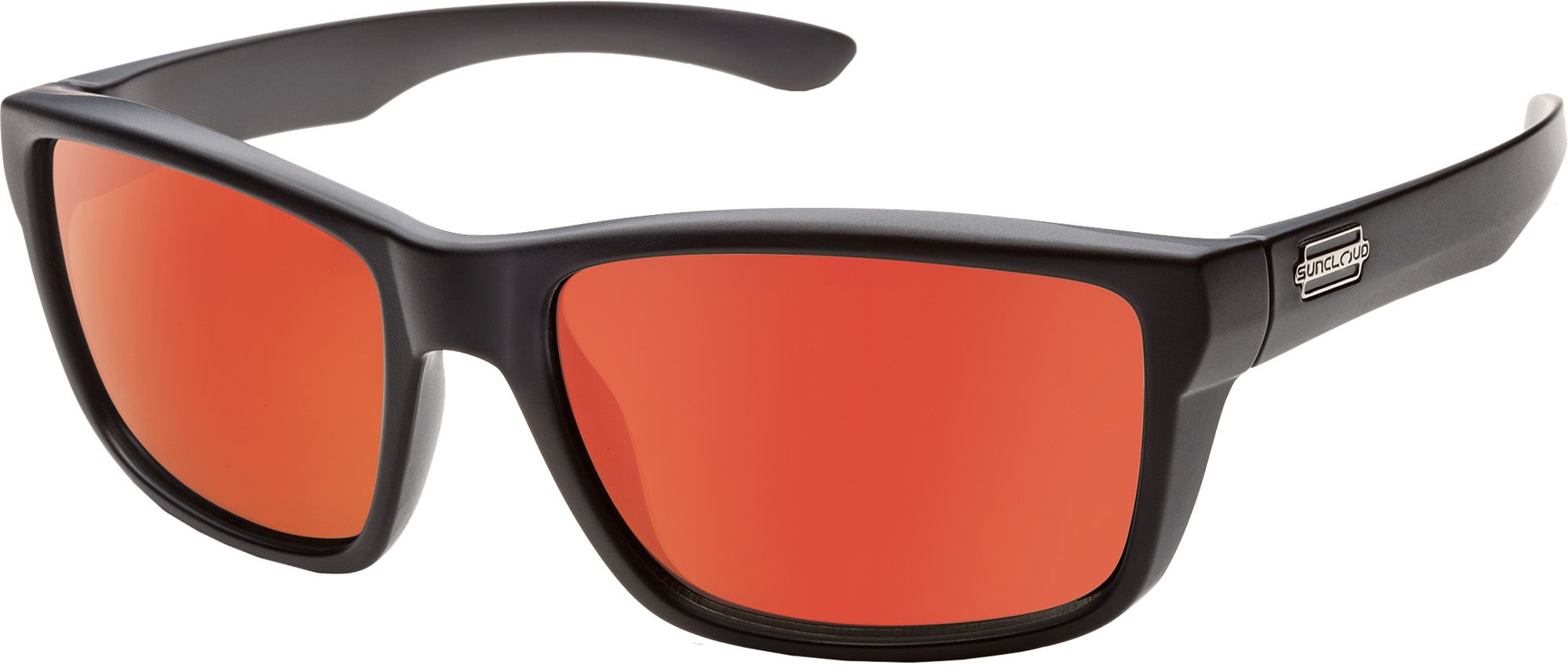 A pair of black sunglasses with orange lenses