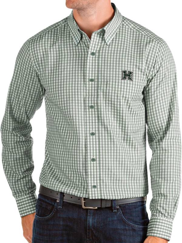 Antigua Men's Hawai'i Warriors Green Structure Button Down Long Sleeve Shirt