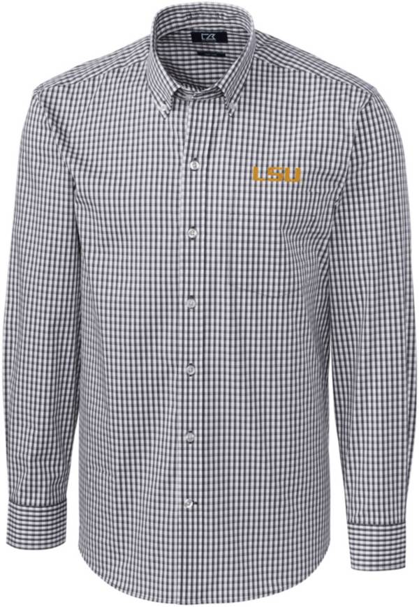 Cutter & Buck Men's LSU Tigers Grey Stretch Gingham Long Sleeve Button Down Shirt product image