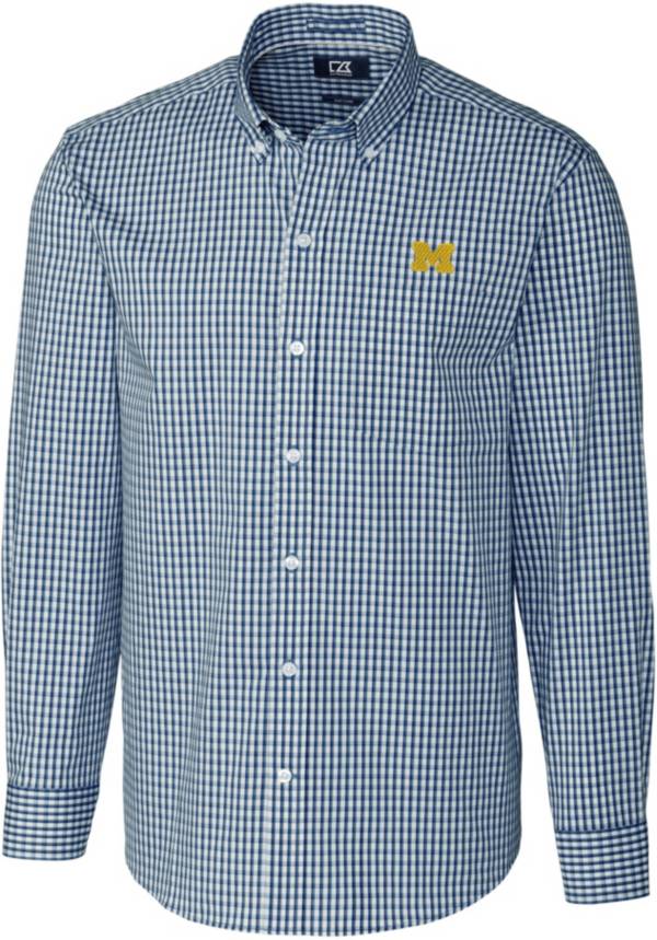 Cutter & Buck Men's Michigan Wolverines Blue Stretch Gingham Long Sleeve Button Down Shirt product image