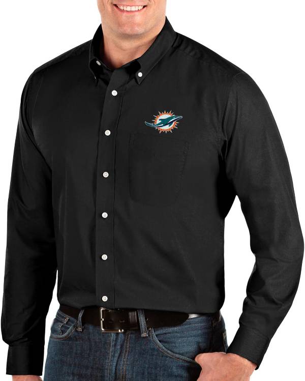 Antigua Men's Miami Dolphins Dynasty Button Down Black Dress Shirt