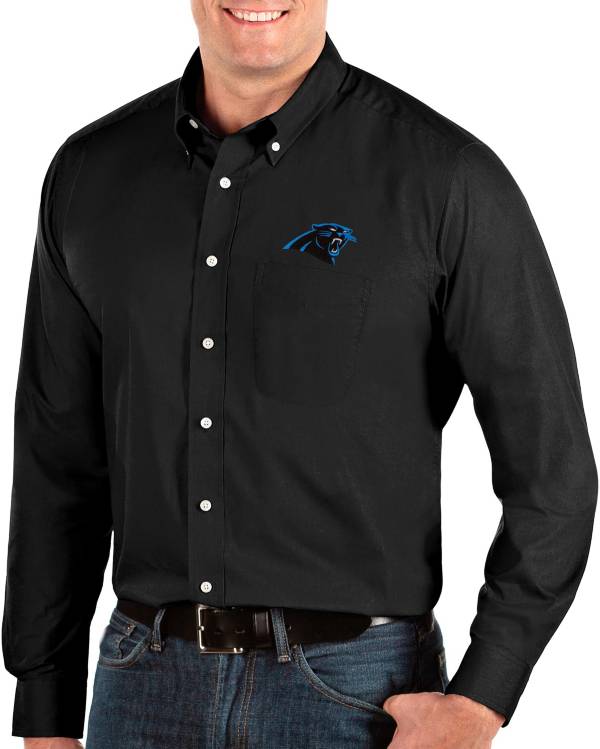 Antigua Men's Carolina Panthers Dynasty Button Down Black Dress Shirt