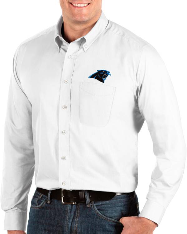 Antigua Men's Carolina Panthers Dynasty Button Down White Dress Shirt