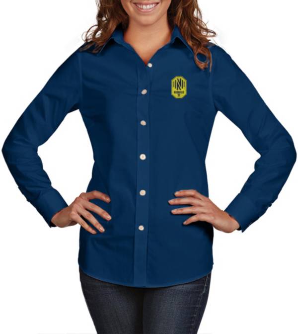 Antigua Women's Nashville SC Dynasty Navy Long Sleeve Button Down Shirt
