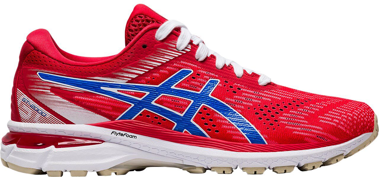 red white and blue running shoes