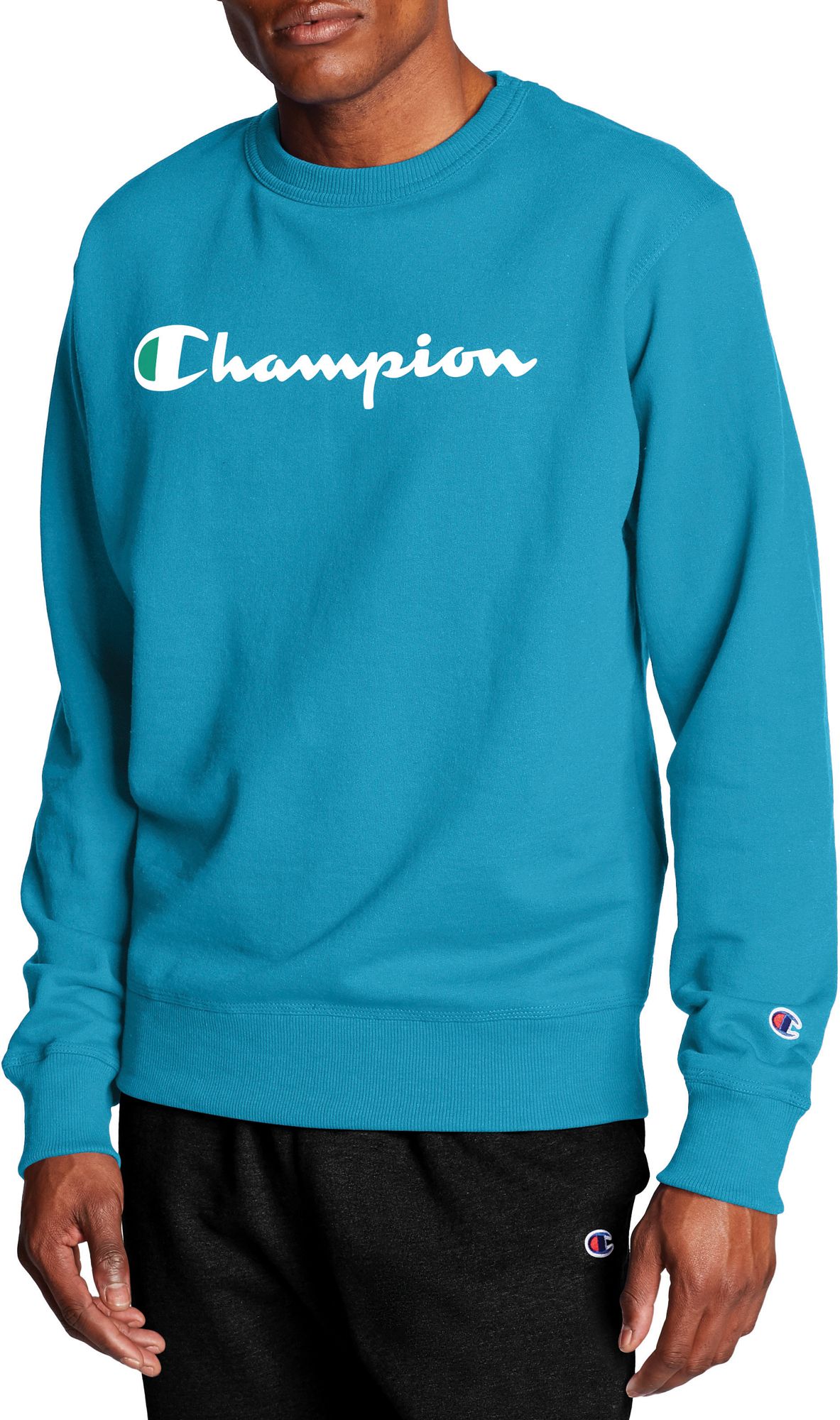 champion script logo crew neck sweatshirt turquoise