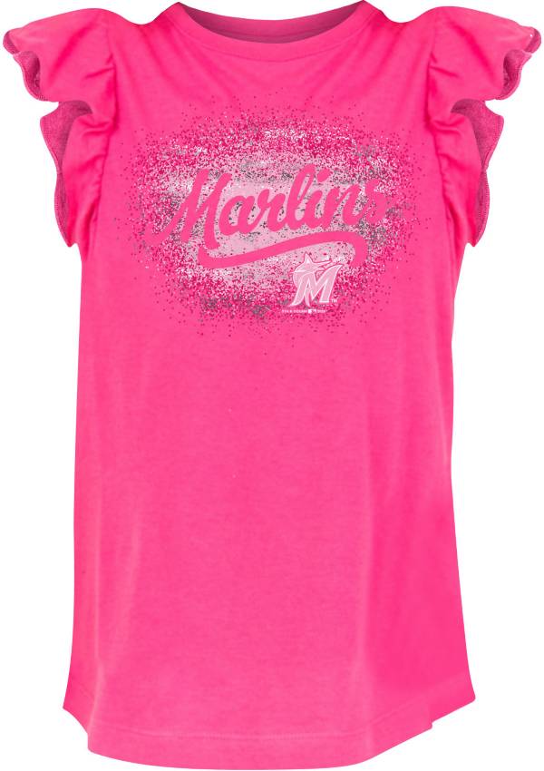 New Era Youth Girls' Miami Marlins Pink Ruffle T-Shirt