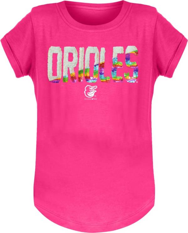 New Era Youth Girls' Baltimore Orioles Pink Flip Sequins T-Shirt