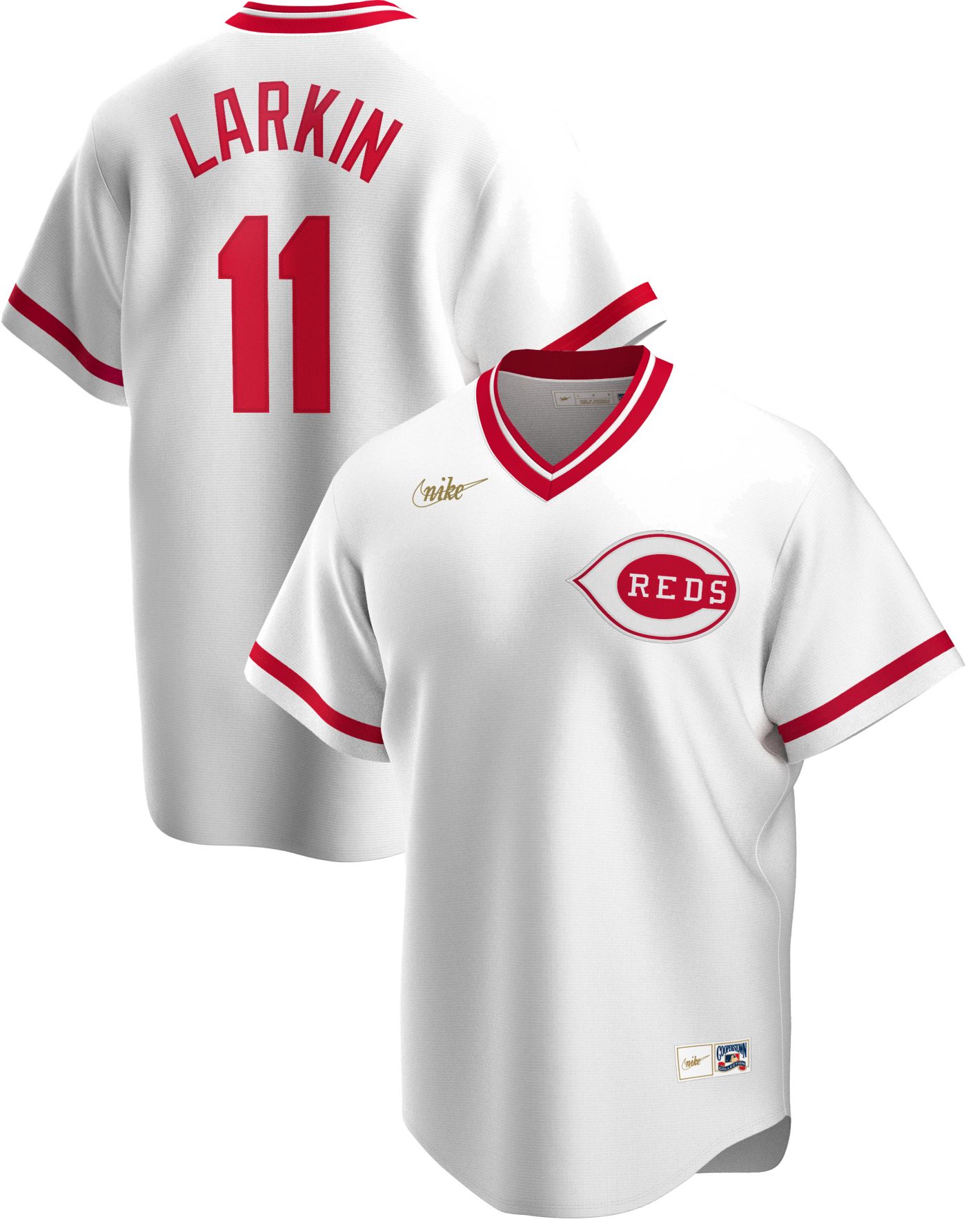 Nike Men s Cincinnati Reds Barry Larkin 11 White Cooperstown V Neck Pullover Jersey Dick s Sporting Goods