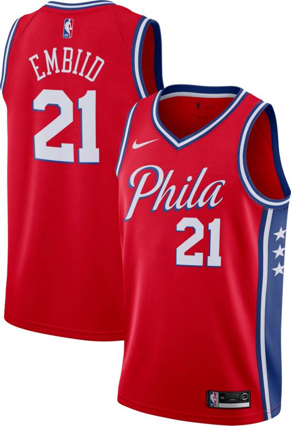 Nike Men s Philadelphia 76ers Joel Embiid 21 Red Dri FIT Statement Swingman Jersey