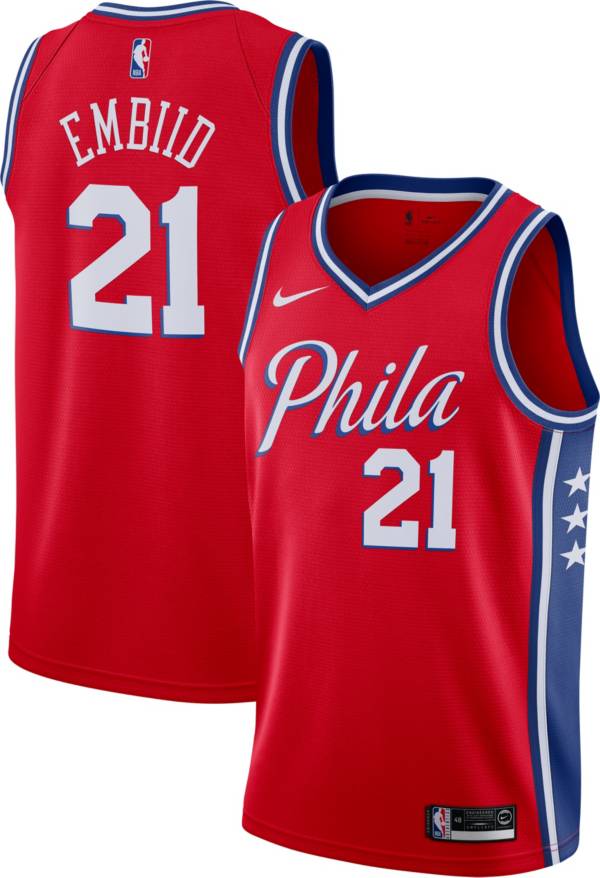 Nike Men's Philadelphia 76ers Joel Embiid #21 Red Dri-FIT Statement Swingman Jersey product image