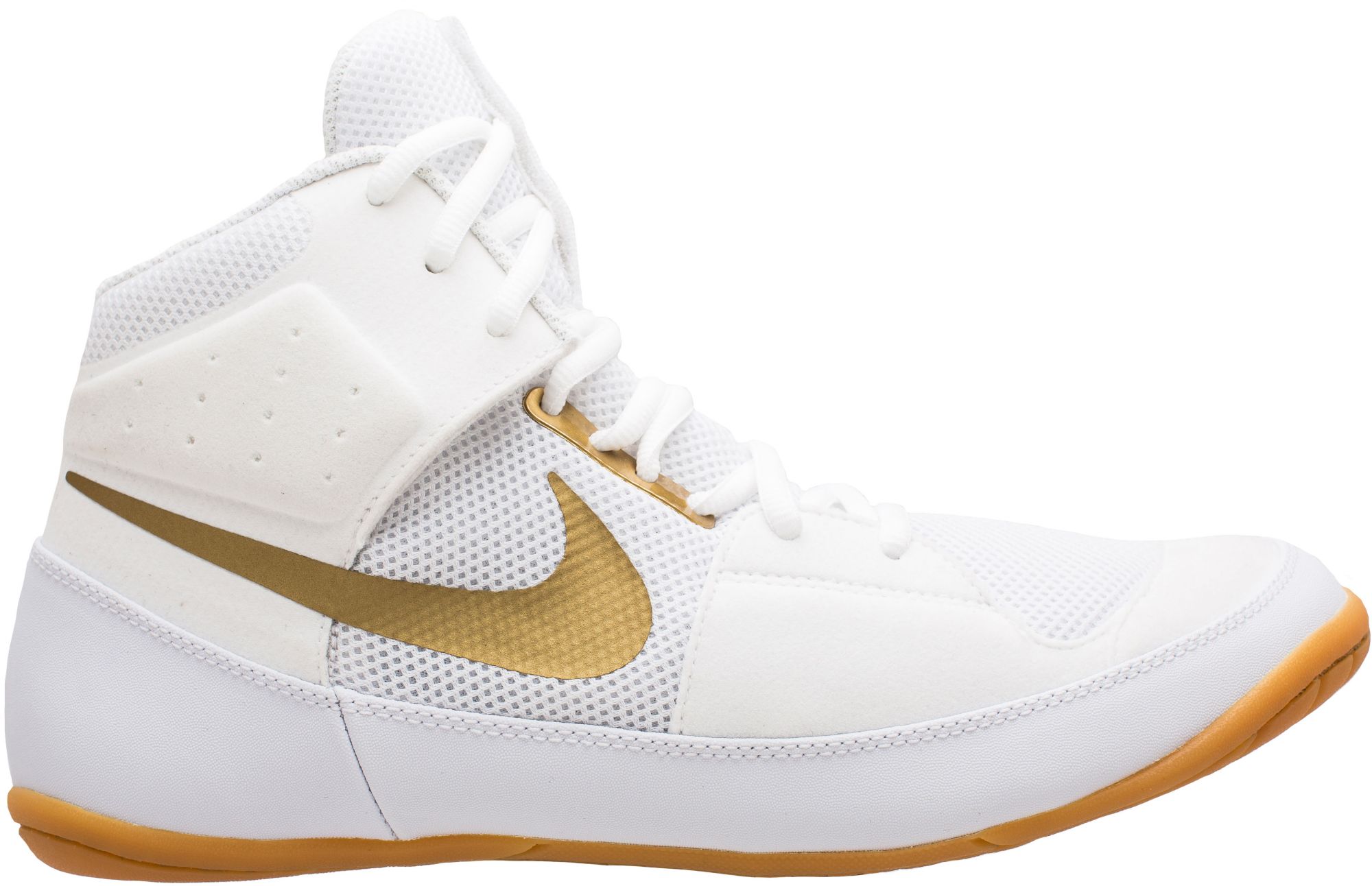 white and gold wrestling shoes