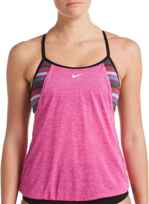 Nike 238147 Womens Sport Stripe Layered Tankini Top Swimwear Blue