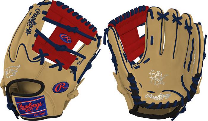 A detailed view of the custom Rawlings baseball glove worn by