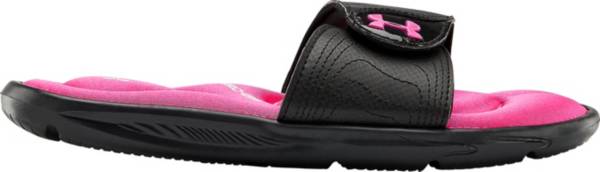 pink and black under armour slides