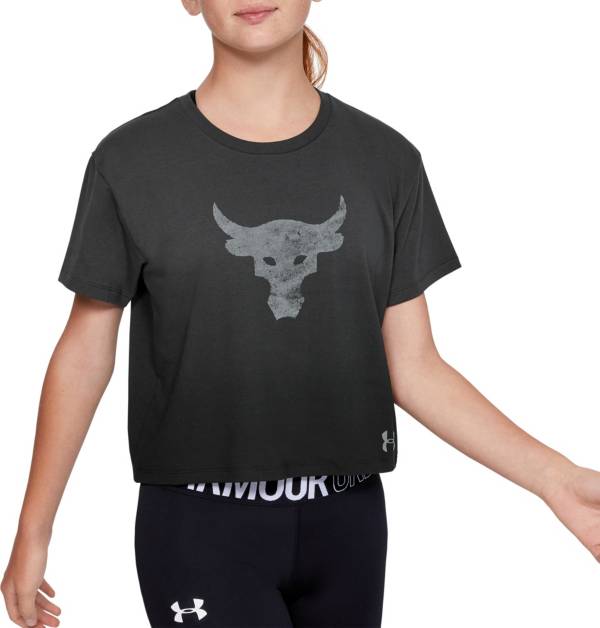 Under Armour Womens Project Rock Bull Graphic T-Shirt Crop Top 1346829 010  