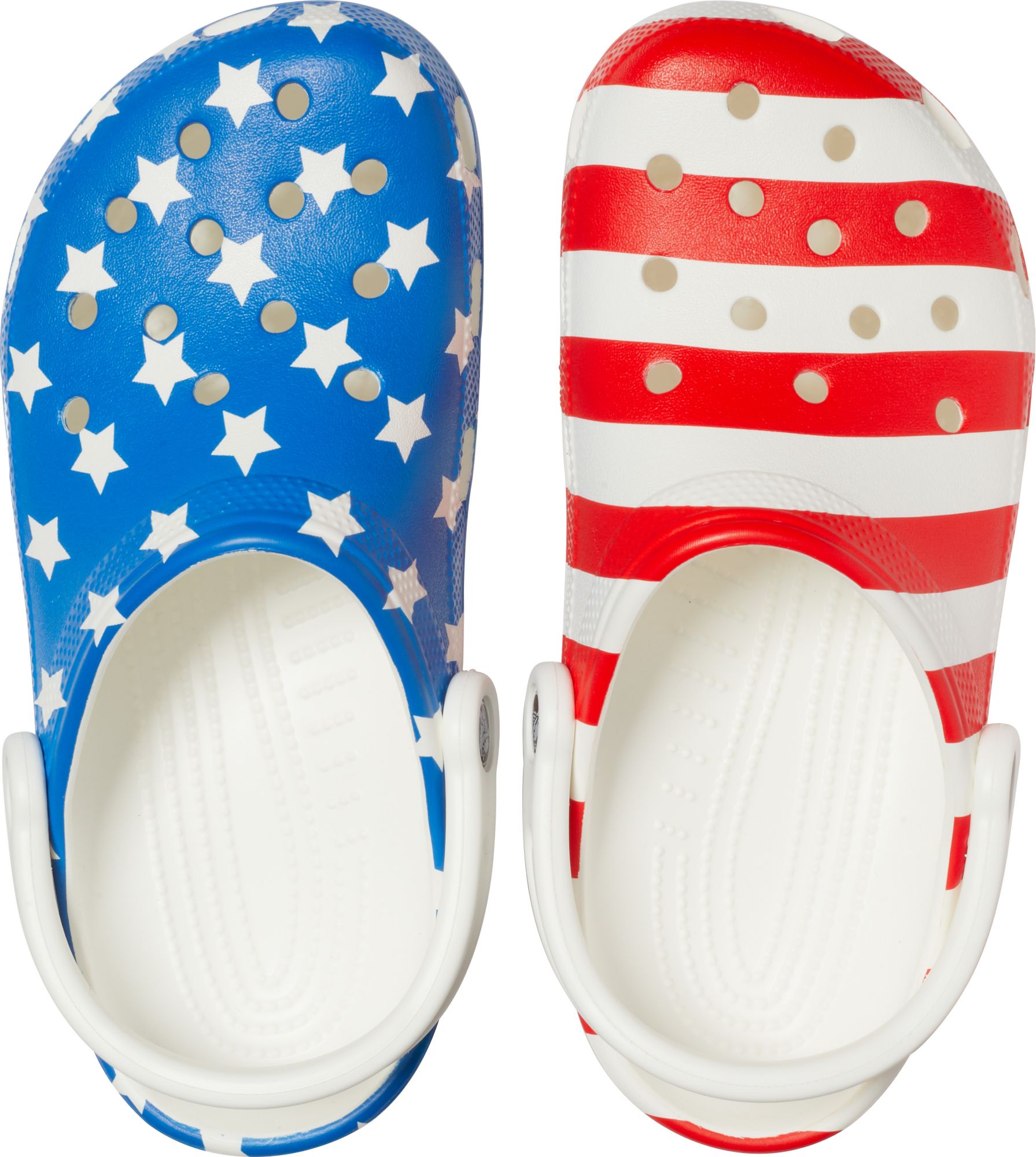 red white and blue crocs tie dye