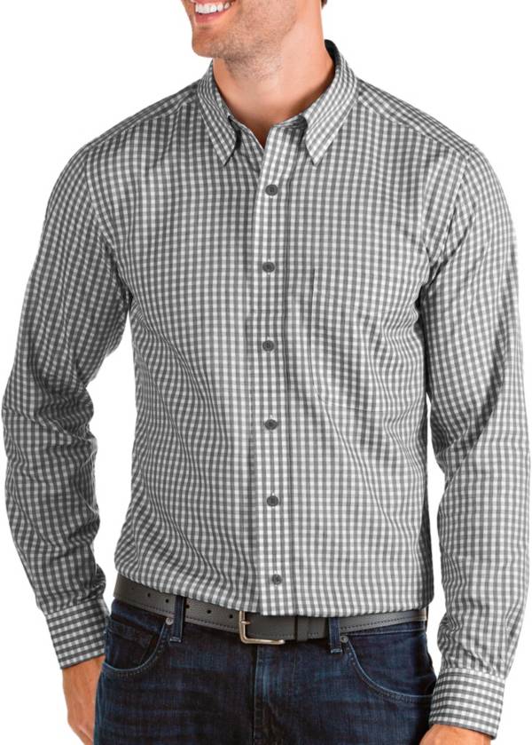 Men's Antigua Black/White Detroit Lions Crew Woven Button-Down Shirt