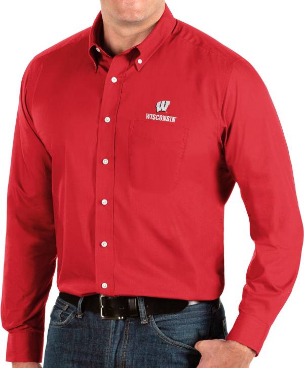 Antigua Men's Wisconsin Badgers Red Dynasty Long Sleeve Button-Down Shirt