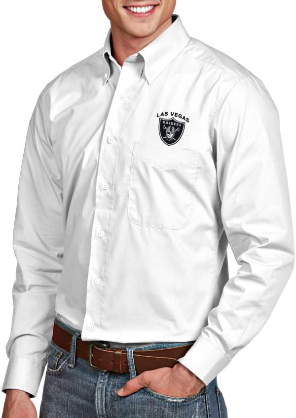 Antigua Men's Las Vegas Raiders Dynasty Button Down White Collared Shirt