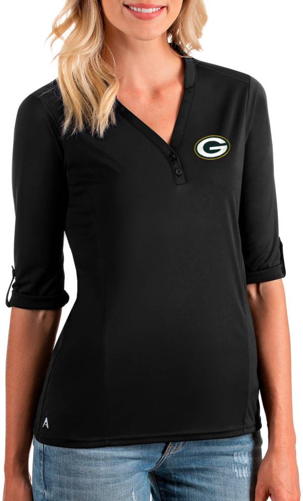 Antigua Women's Green Bay Packers Accolade Black Three-Quarter Sleeve Polo product image