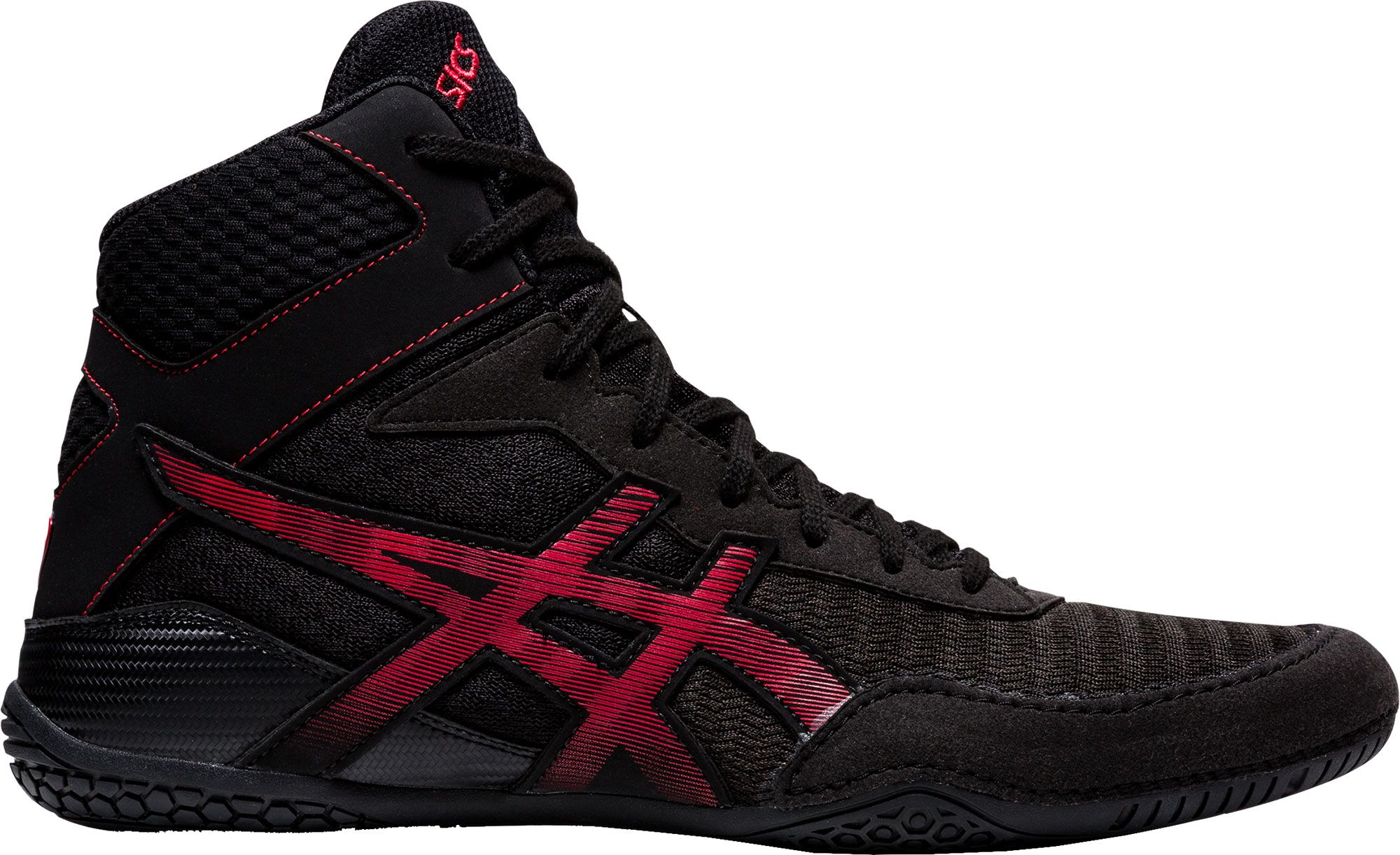 red and black asics wrestling shoes