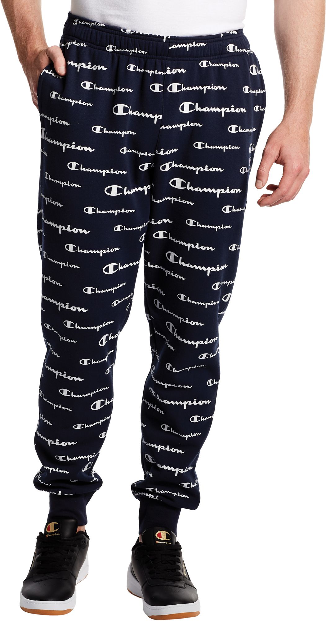 champion pants with logo all over