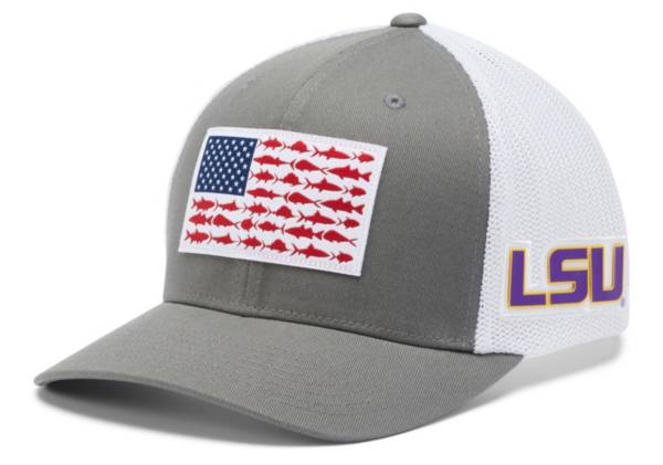 Columbia Men's LSU Tigers Grey PFG Fish Flag Mesh Fitted Hat product image