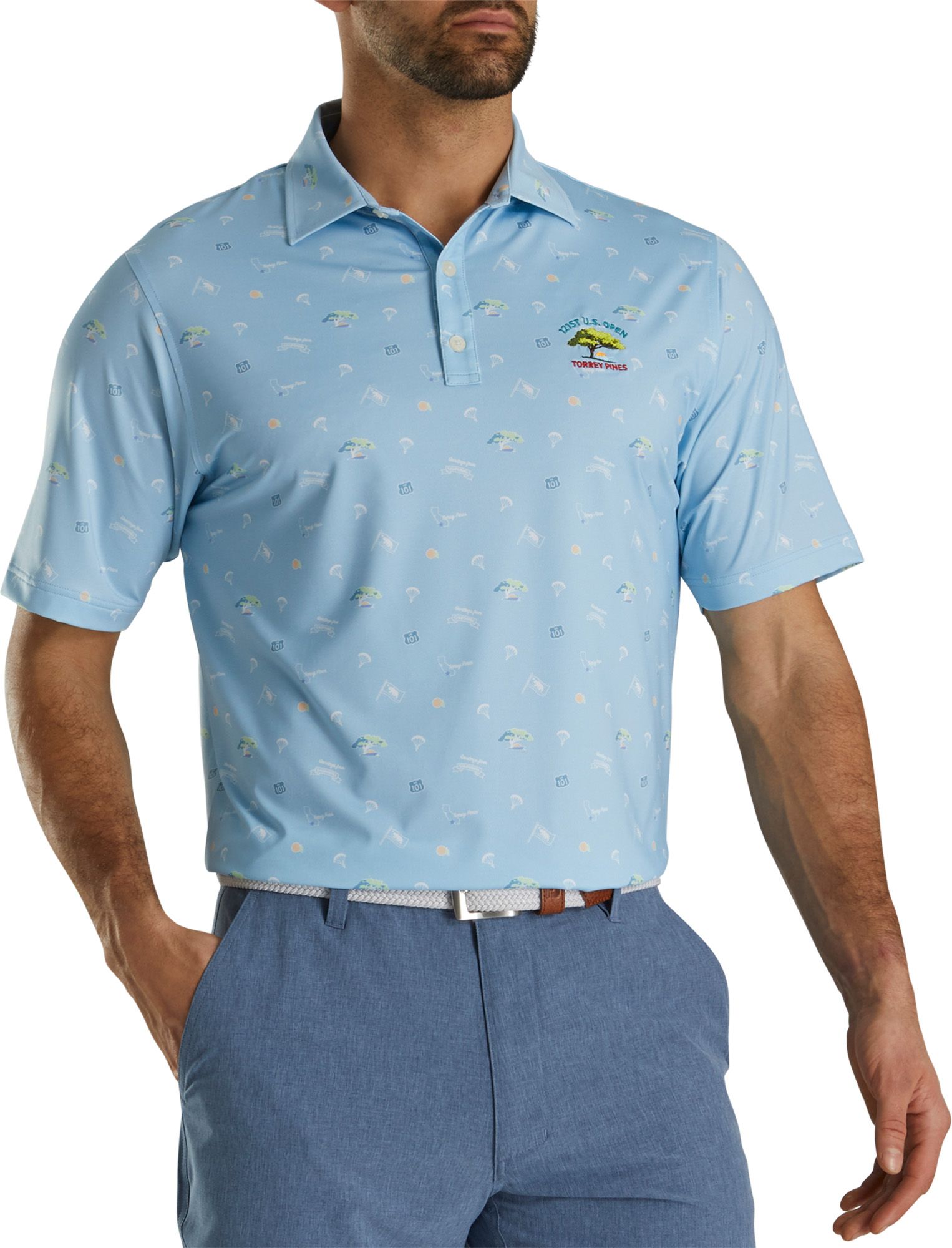 FootJoy Men's 2020 U.S. Open Stretch Lisle Print Self Collar Golf Shirt in Light Blue Size XL