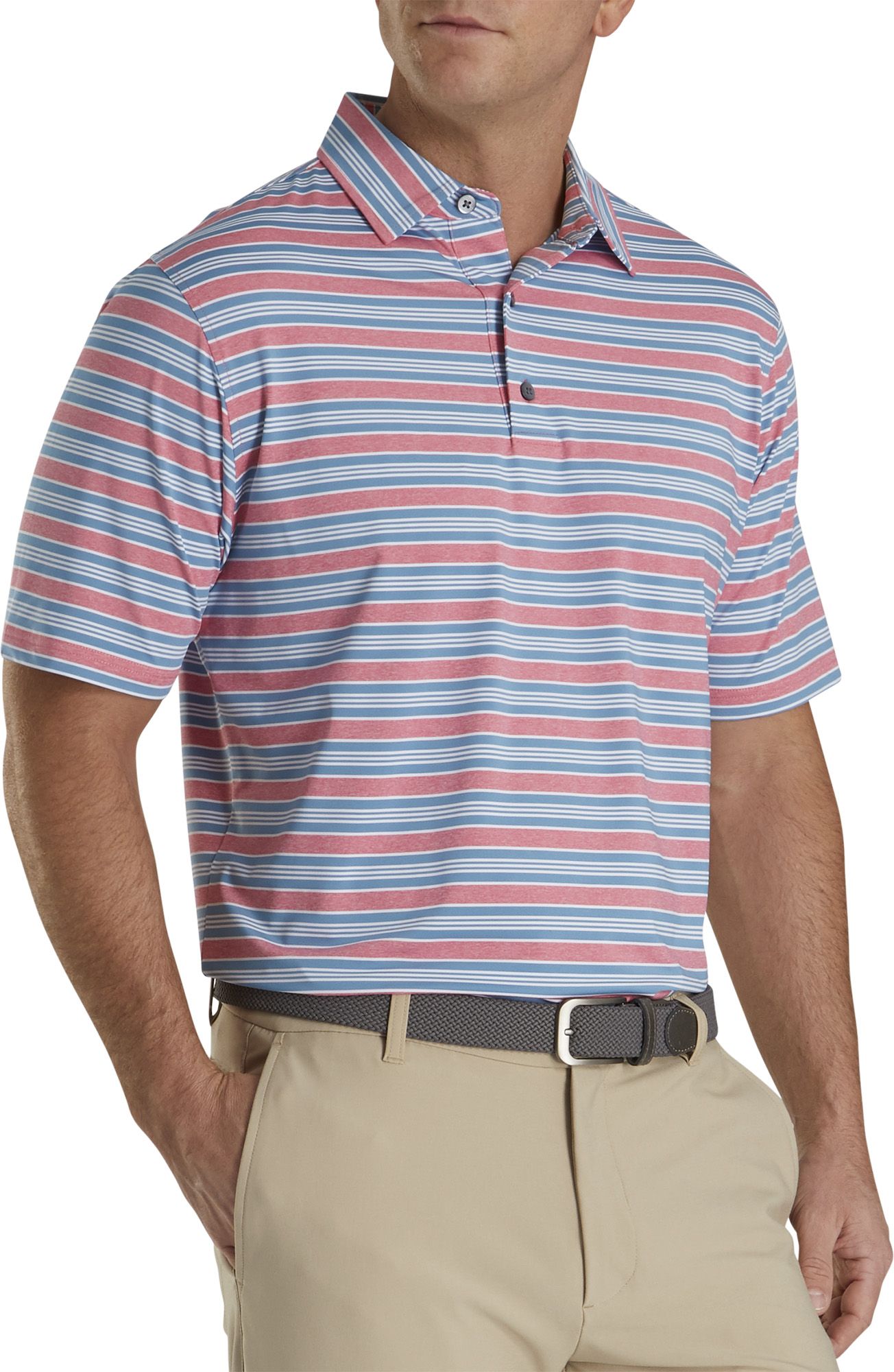 red and white striped golf shirt