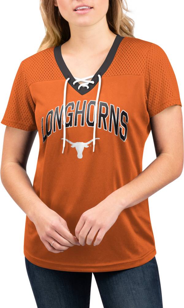 G-III For Her Women's Texas Longhorns Lace Up V-Neck T-Shirt