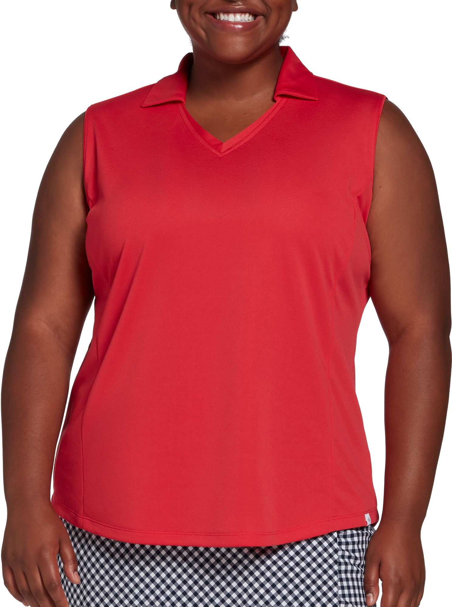 red sleeveless golf shirt