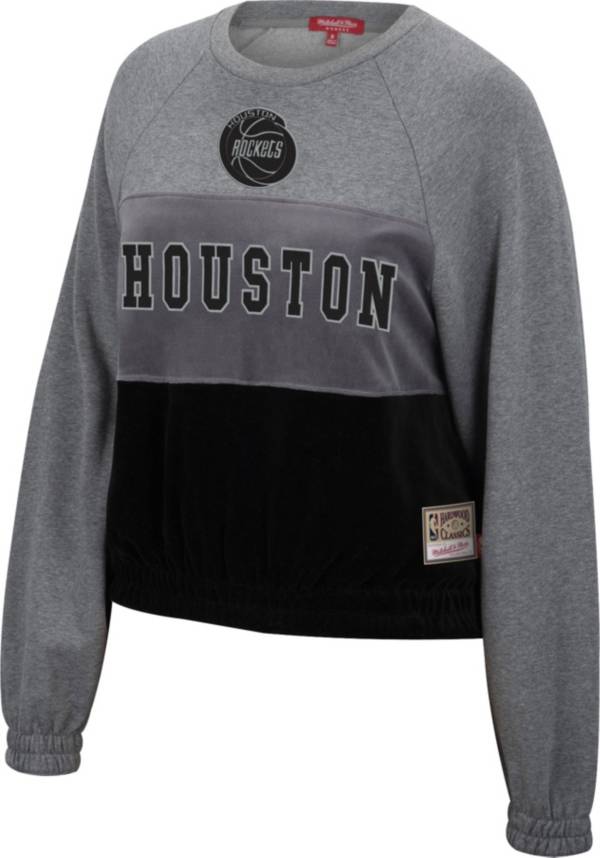 Mitchell & Ness Women's Houston Rockets Grey Hardwood Classics Velour Pullover Crew-Neck Sweatshirt