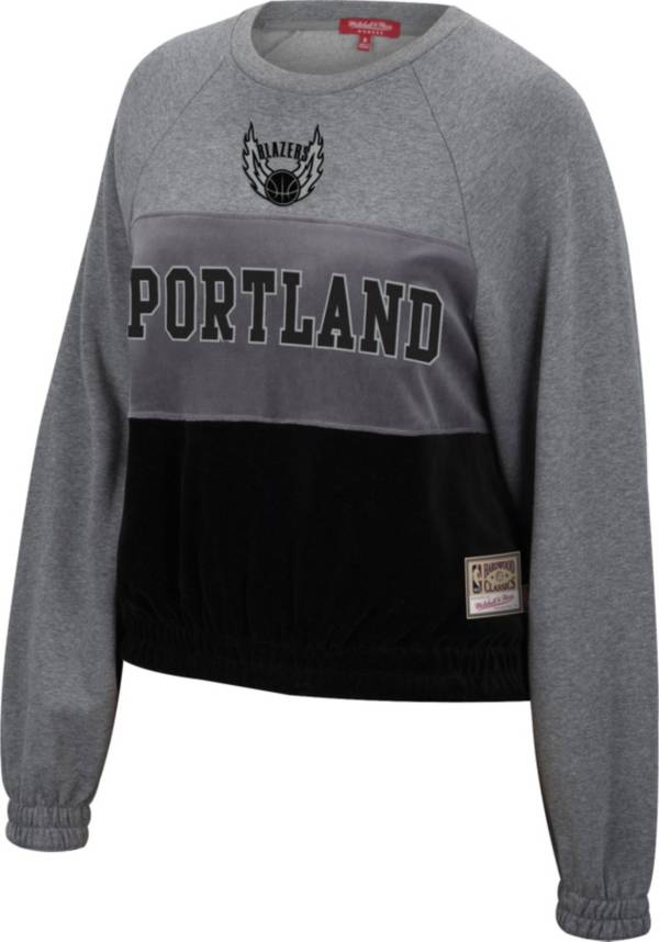 Mitchell & Ness Women's Portland Trail Blazers Grey Hardwood Classics Velour Pullover Crew-Neck Sweatshirt