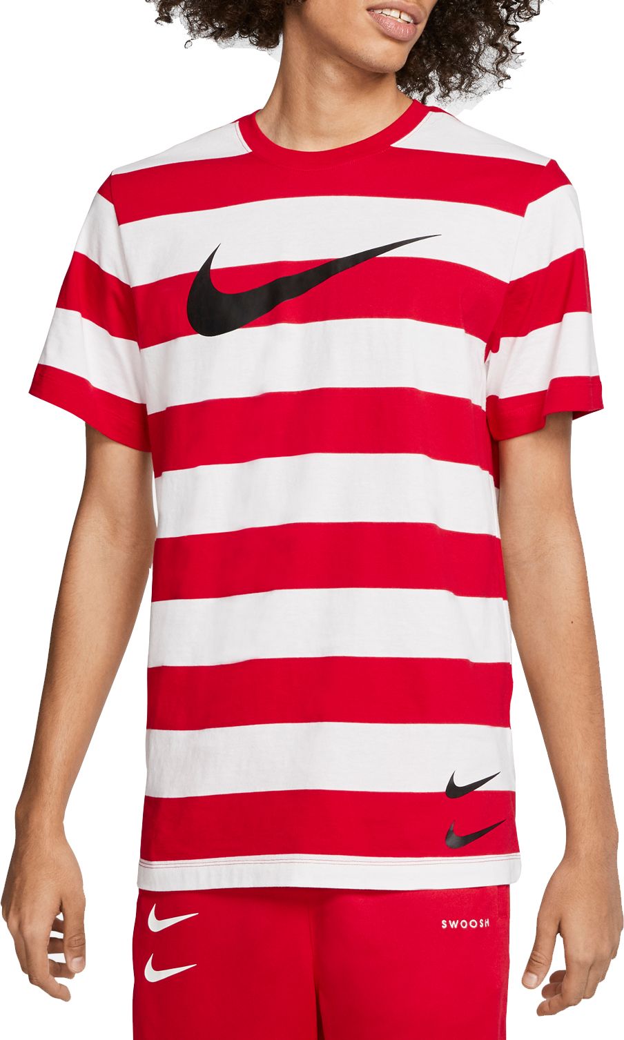 white nike shirt with red swoosh