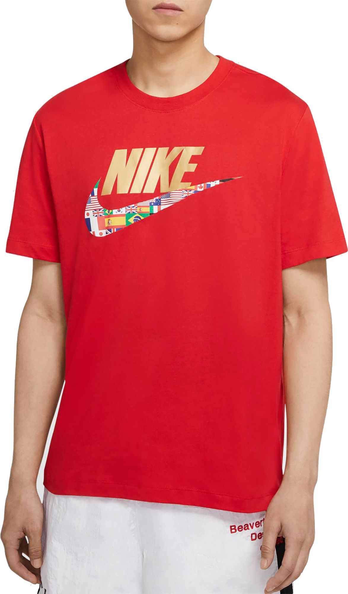 black nike shirt with red swoosh