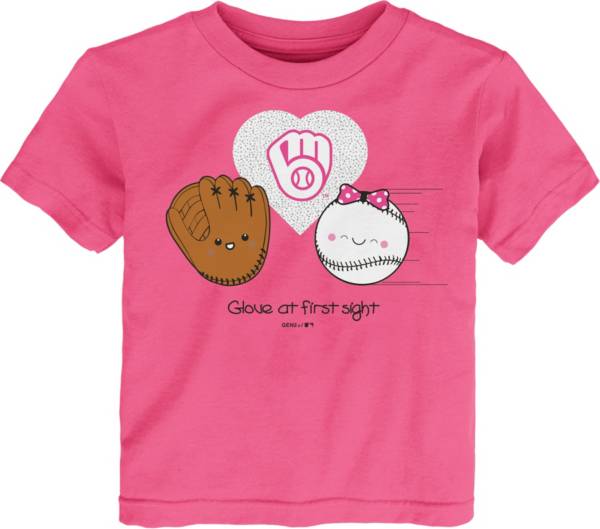 Gen2 Youth Toddler Girl's Milwaukee Brewers Pink ‘Glove at First Sight' T-Shirt