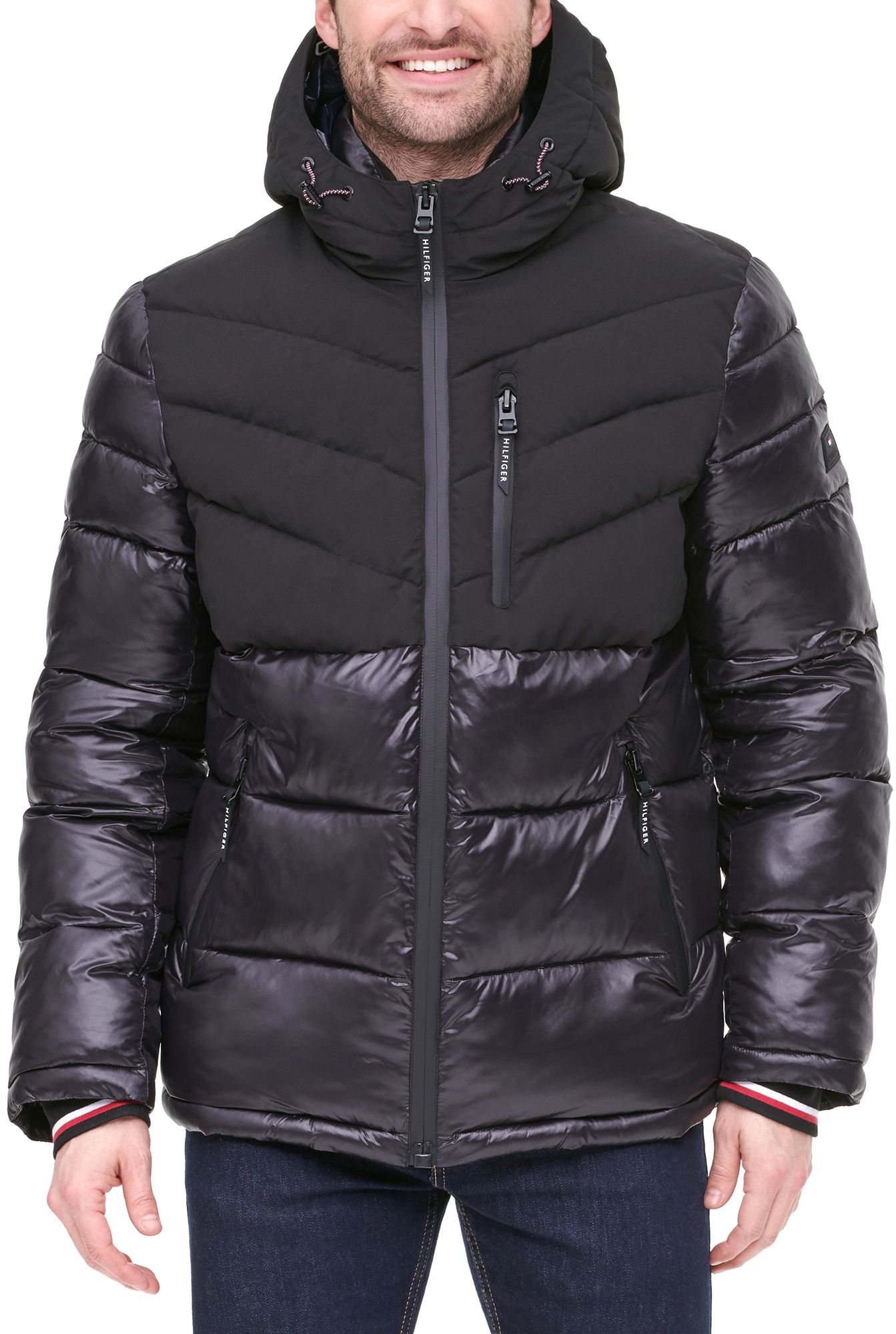 tommy hilfiger chevron quilted puffer coat