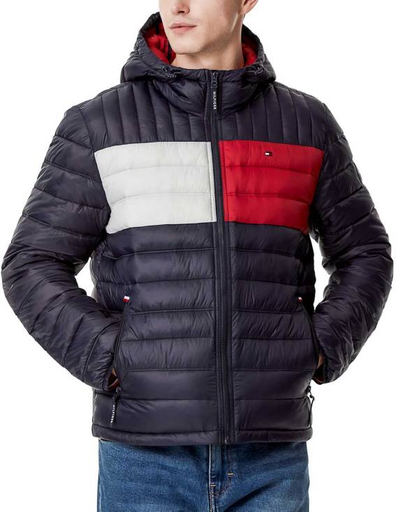 Tommy Hilfiger Men's Quilted Lightweight Colorblock Hooded Puffer