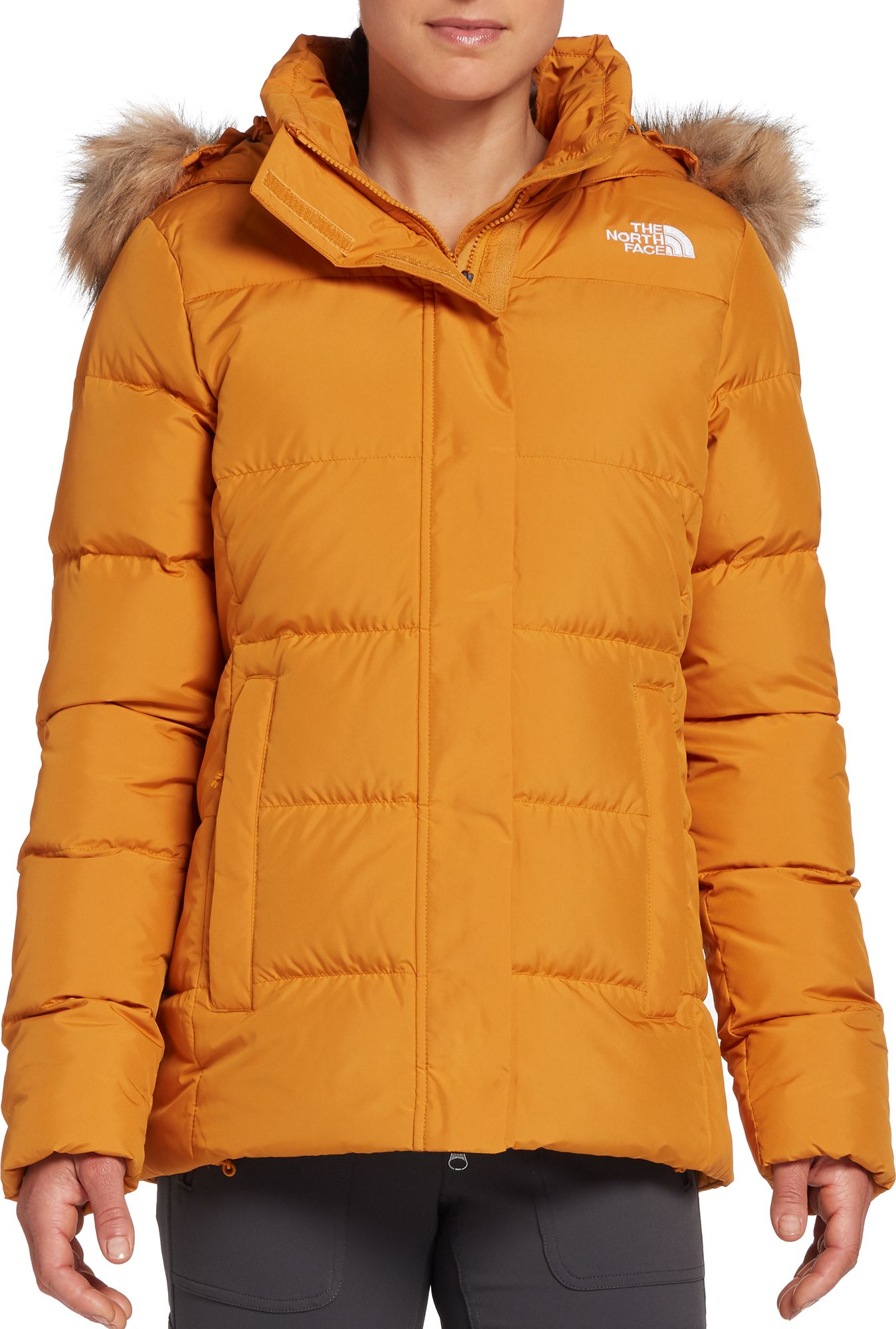 orange north face jacket womens