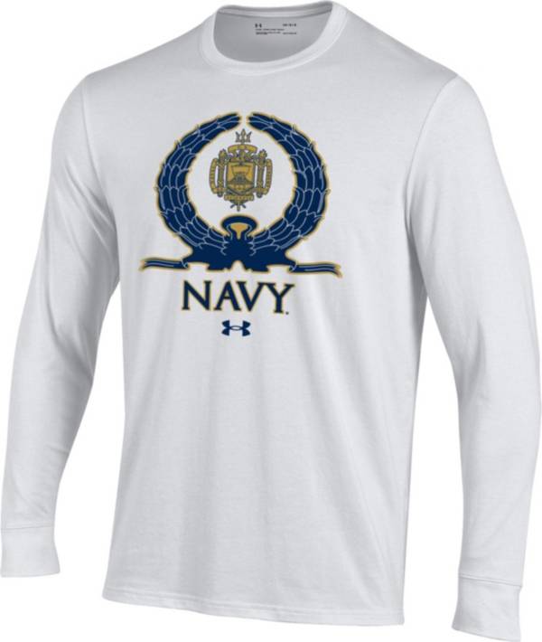 Under Armour Men's Navy Midshipmen Performance Cotton Long Sleeve White T-Shirt