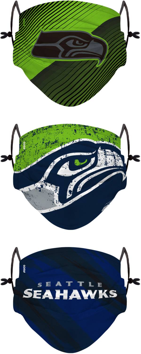 FOCO Youth Seattle Seahawks Adjustable 3-Pack Face Coverings