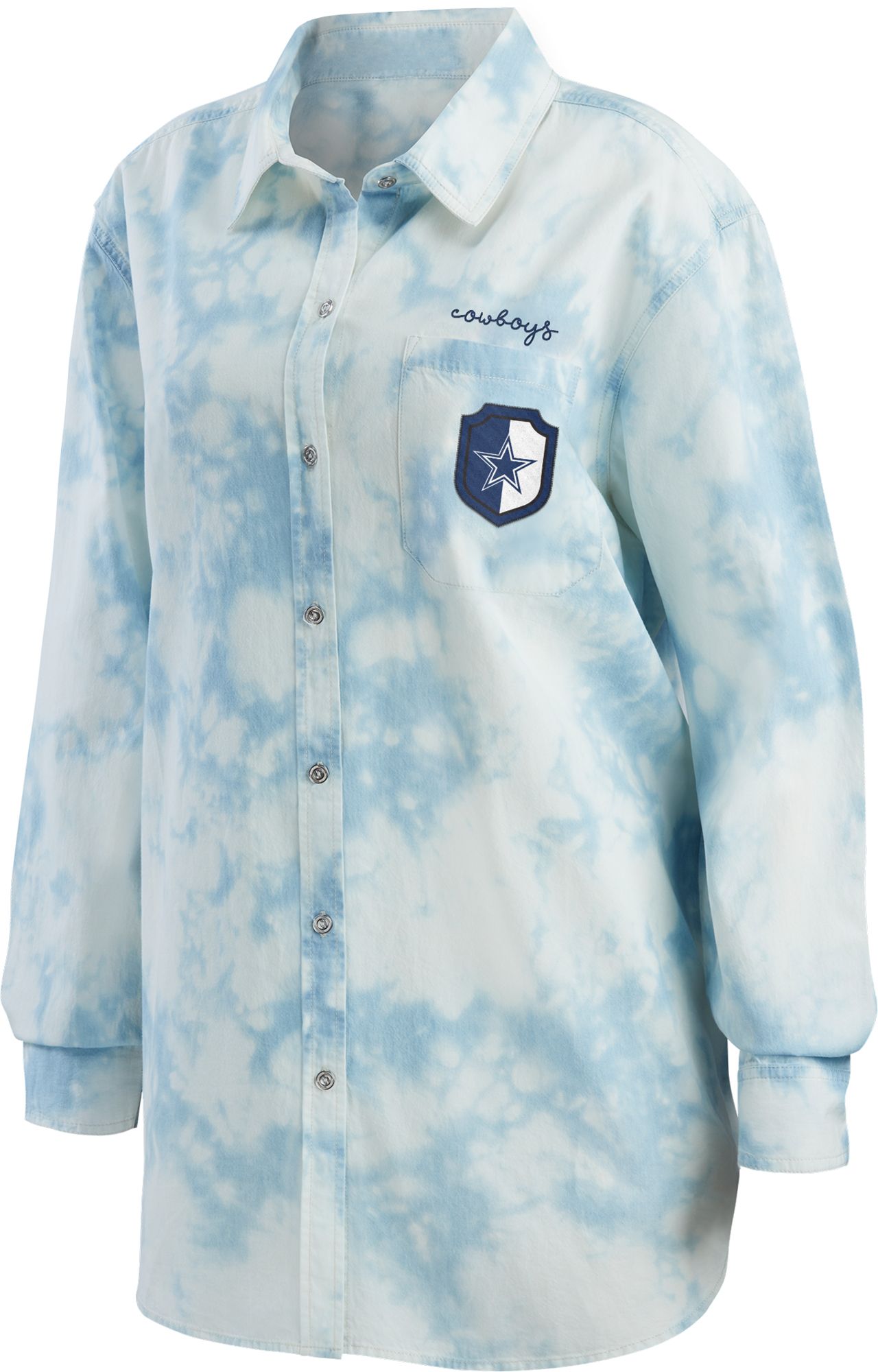 WEAR by Erin Andrews Women's Dallas Cowboys Denim Dye Navy Button Down product image