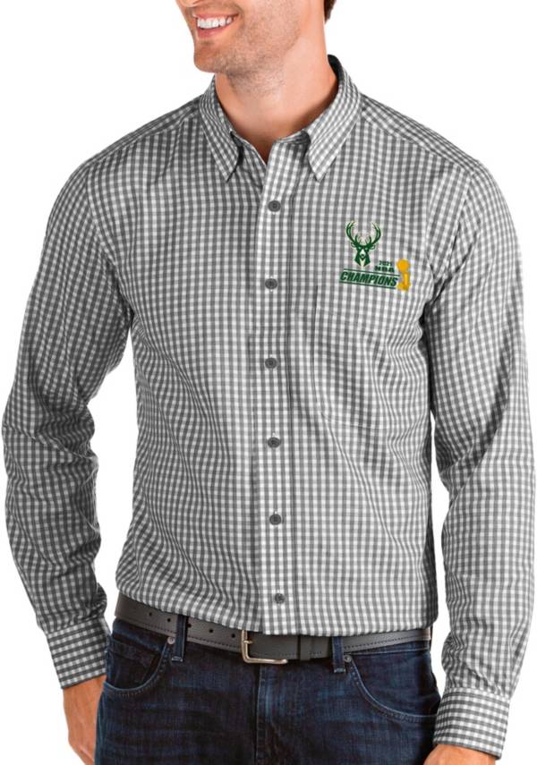 Antigua Men's 2021 NBA Champions Milwaukee Bucks Structure Button Down Black Long Sleeve Shirt