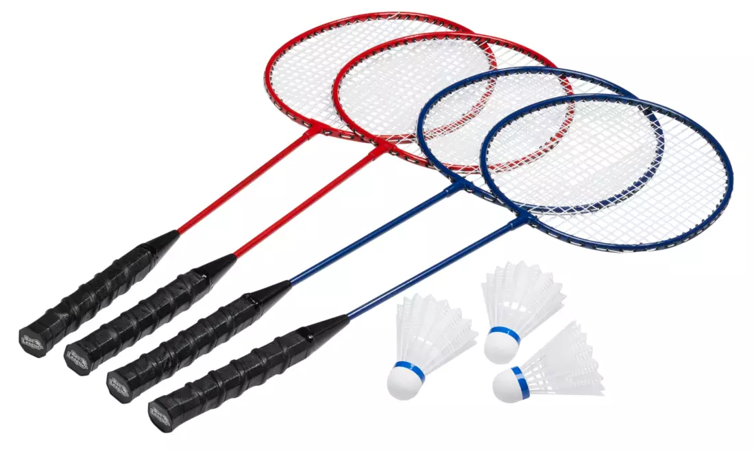 Four red and blue Rec League Badminton Racquets with black handles and three white and blue Shuttlecocks