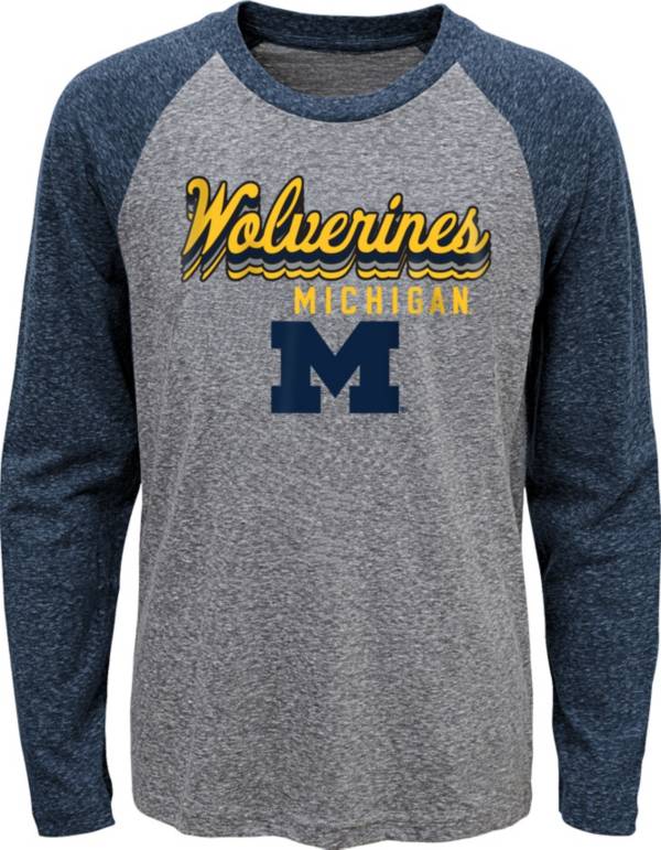 Gen2 Youth Michigan Wolverines Grey Script Tri-Blend Raglan Long Sleeve T-Shirt product image